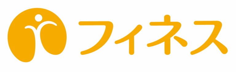 Yellow logo with a stylised person inside a circular shape on the left, followed by Japanese katakana text “フィネス” in matching yellow on a light background.