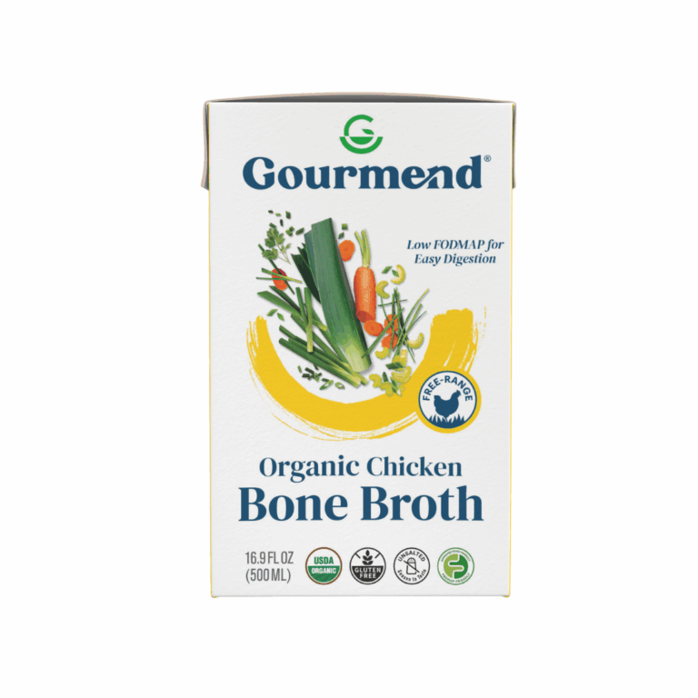 A carton of Gourmend Organic Chicken Bone Broth, featuring vibrant vegetables and herbs on the front. This Chicken Bone Broth highlights low FODMAP, free-range, Soil Association Organic credentials, and a 16.9 fl oz (500 ml) size.