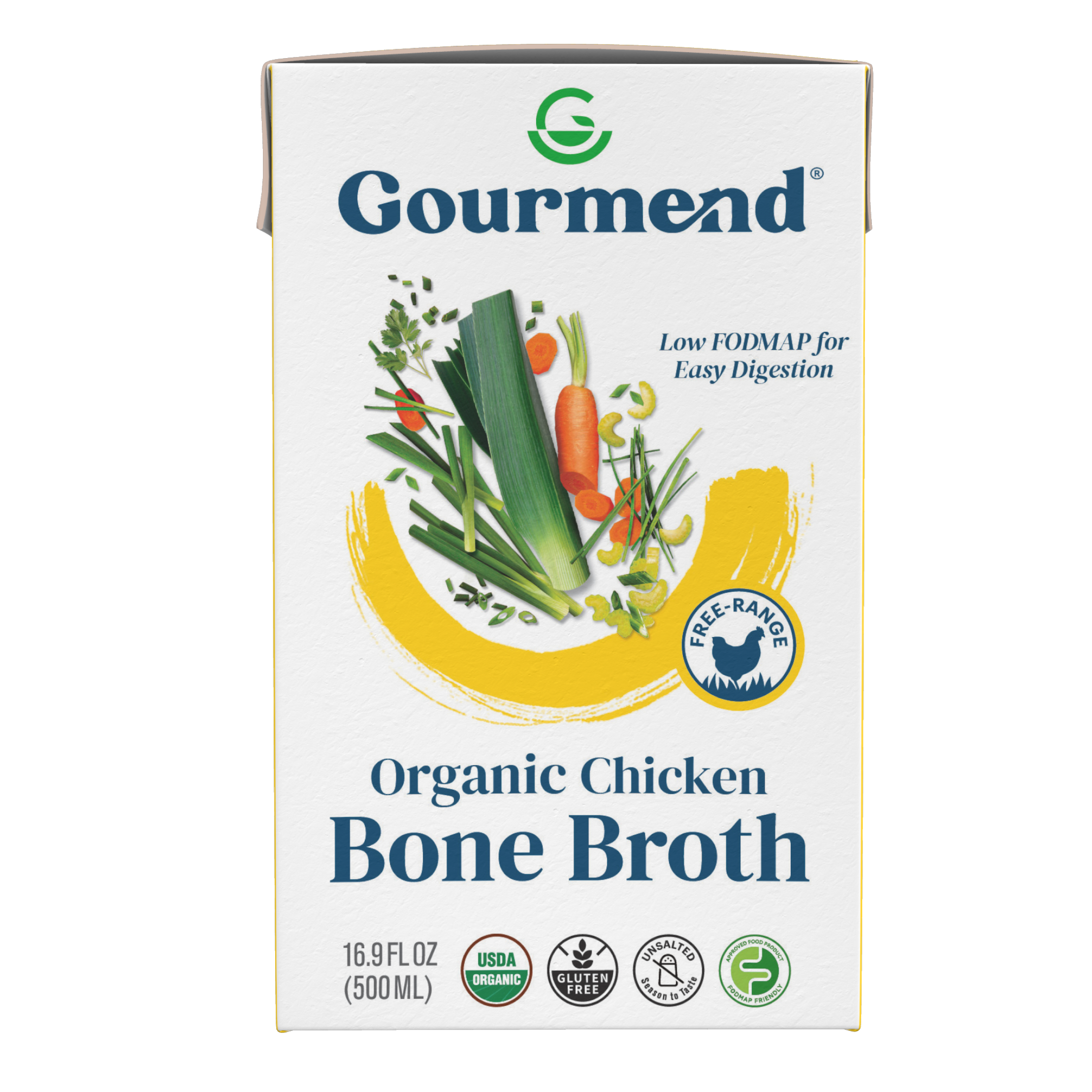 A carton of Organic Chicken Bone Broth by Gourmend, featuring images of vegetables and herbs, with labels showing it’s low FODMAP, free-range, gluten-free, Soil Association organic, and contains 16.9 fl oz (500 ml).