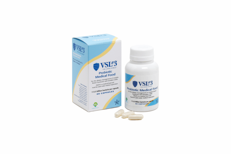 A bottle and box of VSL#3 probiotics capsules are shown, with three capsules lying in front. The white and blue packaging displays the VSL#3 branding and product details clearly.