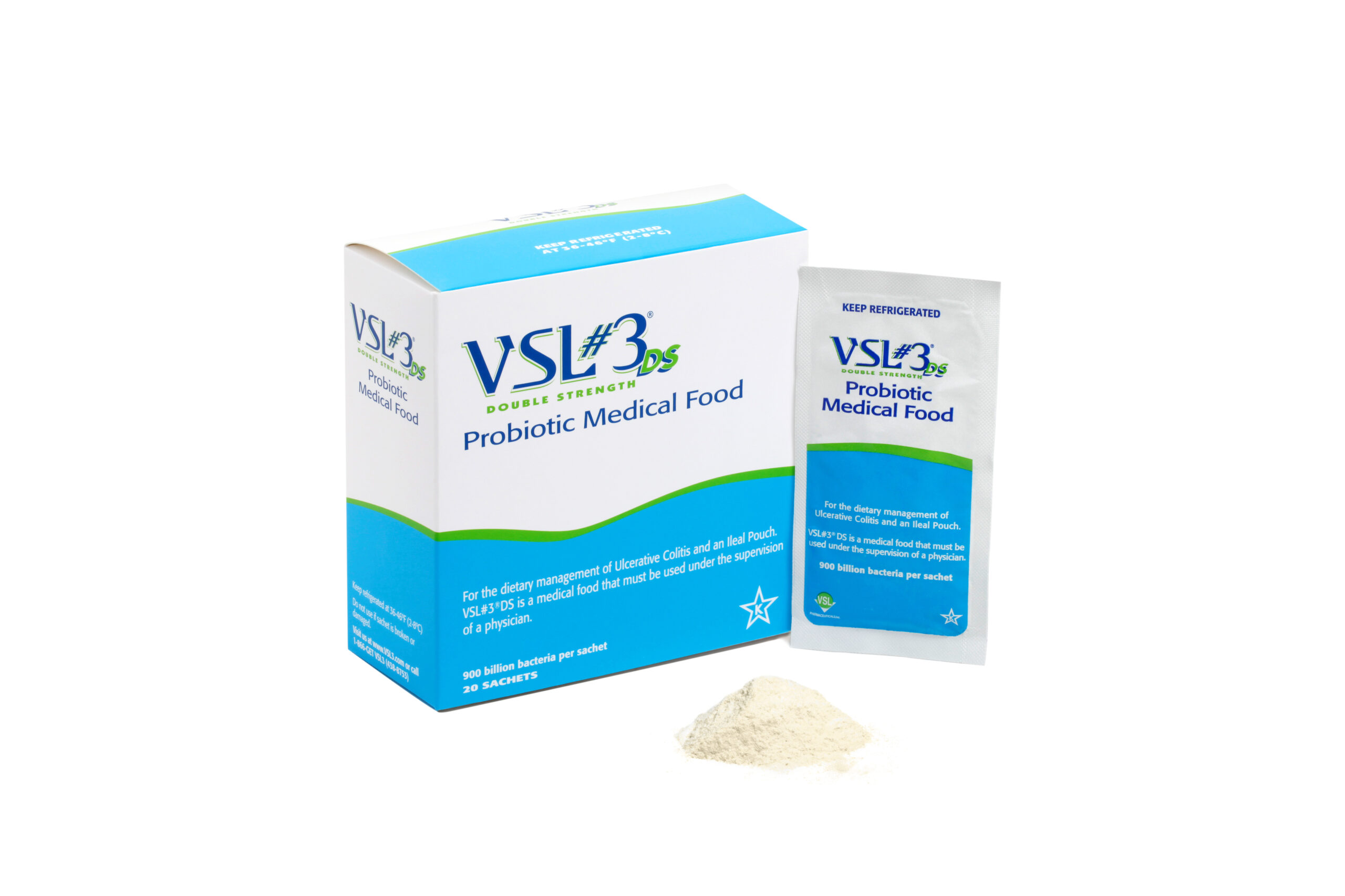 A box of VSL#3 DS Double Strength Probiotic Medical Food, featuring a single sachet and a pile of unflavoured powder beside it, displayed on a white background to highlight these premium probiotics.