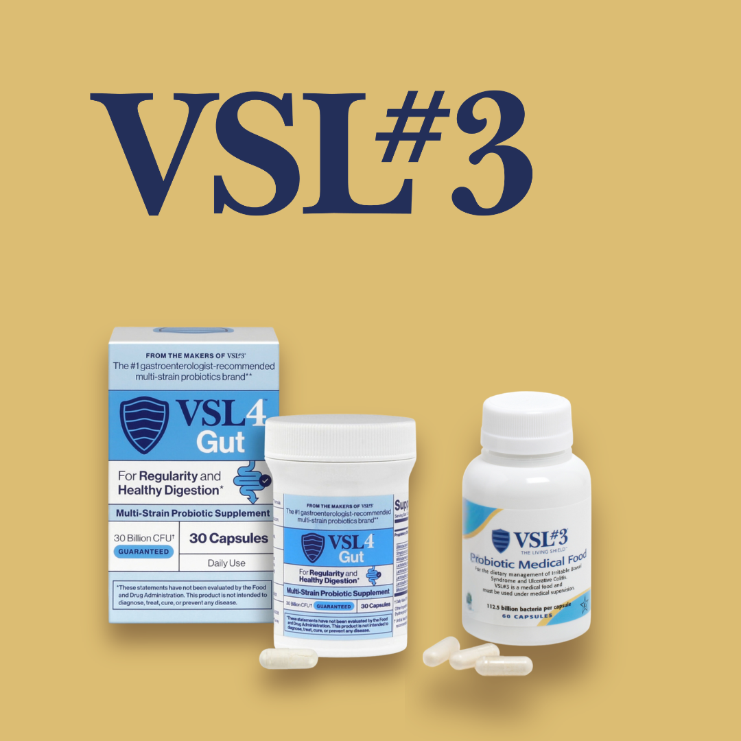 Three VSL#3 probiotic supplement containers and capsules are displayed in front of their boxes on a beige background, with the large “VSL#3” brand name above them—showcasing these FODMAP Friendly VSL Probiotics.