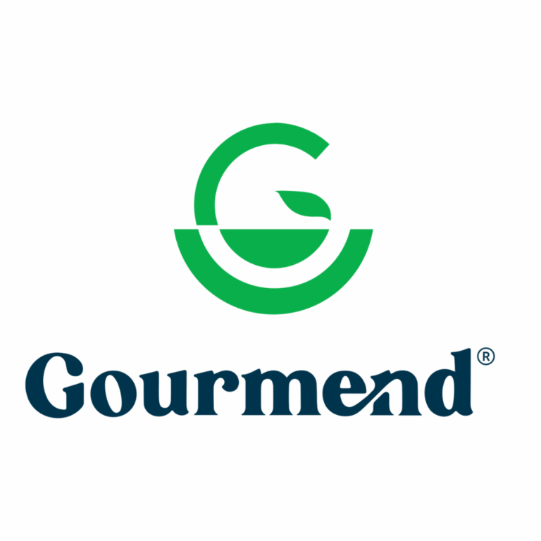The Gourmend logo features a stylised green G with a leaf design, above the brand name Gourmend in bold, dark blue letters on a white background.