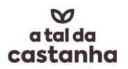 Logo with dark brown text a tal da castanha in bold, lowercase letters. Above the text, there is a simple graphic of two leaves, also in dark brown. The background is white.