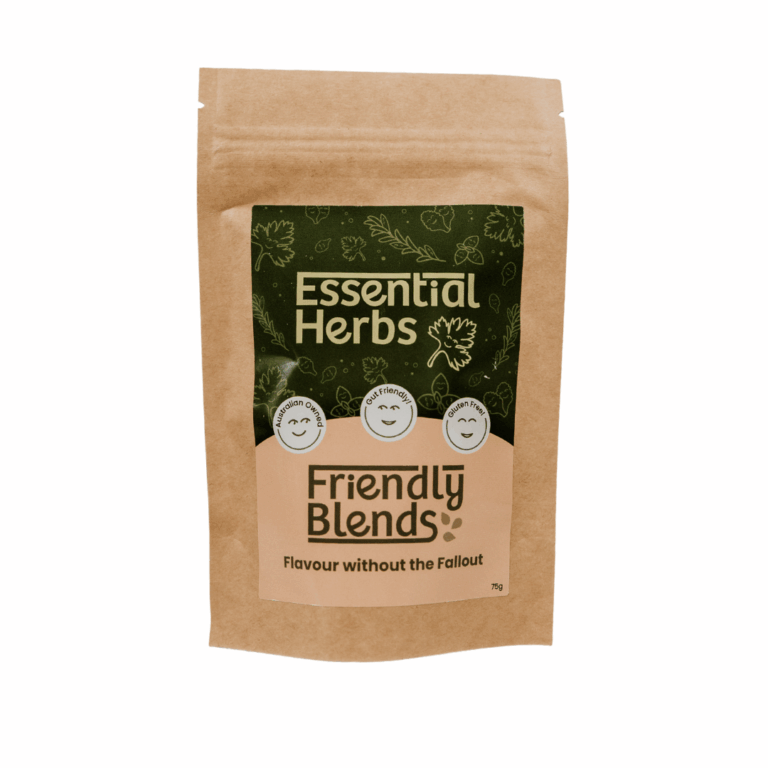 A brown resealable pouch labelled Essential Herbs and Friendly Blends with smiling illustrated faces and the tagline Flavour without the Fallout on the front, featuring a unique Mexican Spice blend for every kitchen.