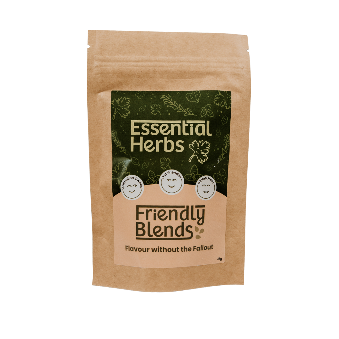 A brown resealable pouch labelled Essential Herbs and Friendly Blends with smiling illustrated faces and the tagline Flavour without the Fallout on the front, featuring a unique Mexican Spice blend for every kitchen.