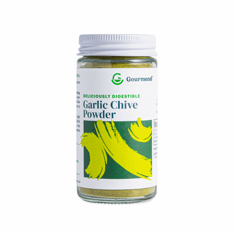 A clear glass jar with a white lid labelled Gourmend Garlic Powder featuring green and yellow brushstroke designs. The label also reads Deliciously Digestible. The jar contains a fine greenish powder, perfect for adding gourmet flavour.