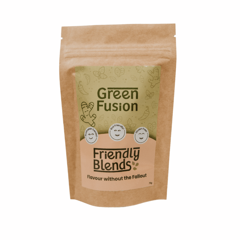 A brown resealable pouch labelled Green Fusion Friendly Blends with smiling icons and the tagline Flavour without the Fallout. Featuring a green and peach design, this 75g pack delivers a bold Mexican Spice twist from Friendly Blends.