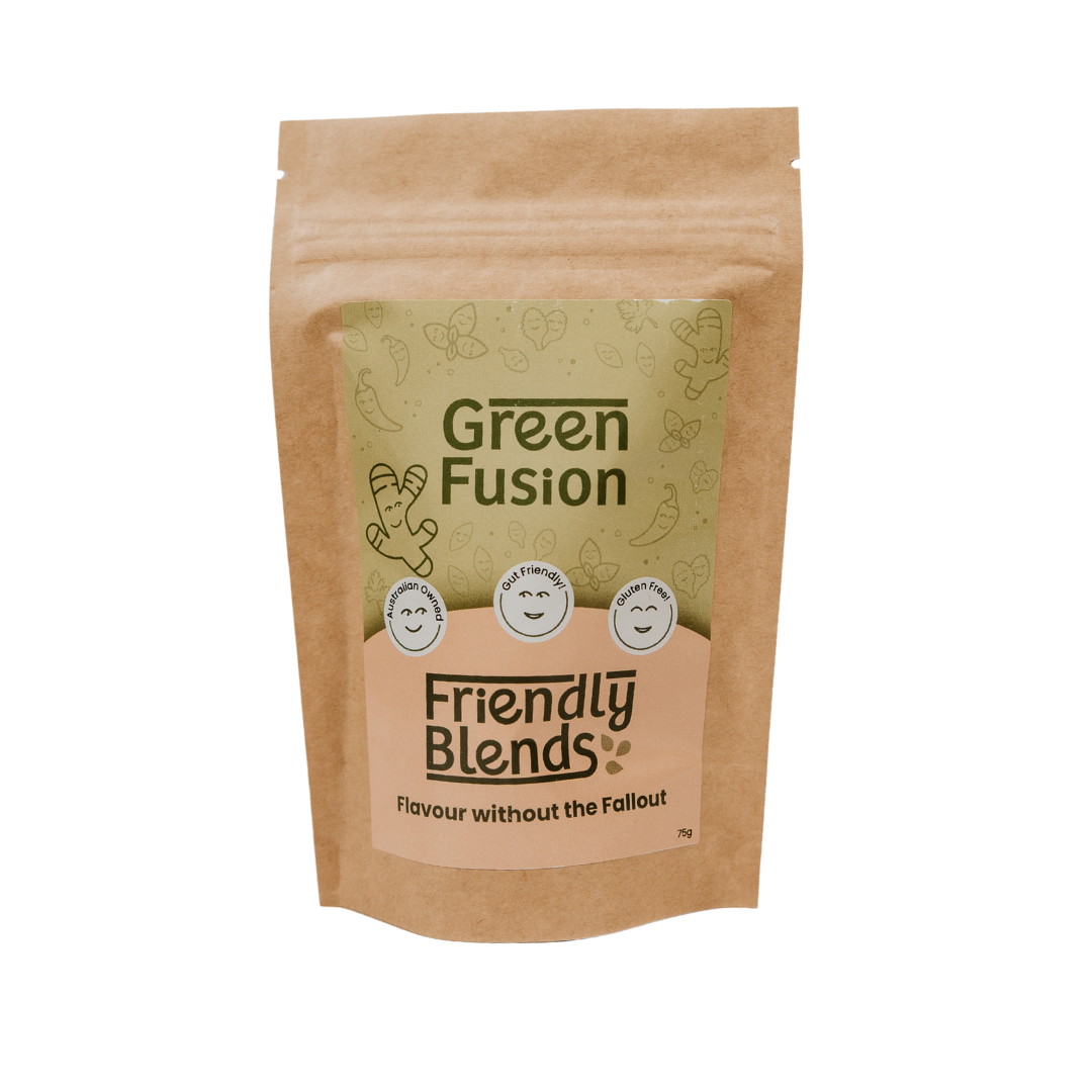 A brown resealable pouch labelled Green Fusion Friendly Blends with smiling icons and the tagline Flavour without the Fallout. Featuring a green and peach design, this 75g pack delivers a bold Mexican Spice twist from Friendly Blends.