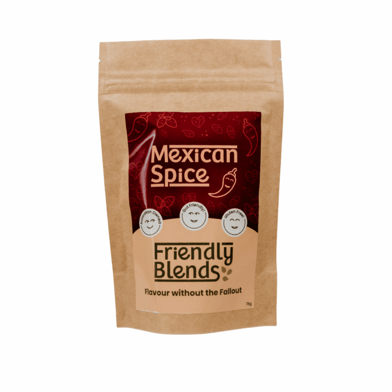 A brown, resealable pouch labelled Mexican Spice from Friendly Blends, featuring smiling faces and the tagline Flavour without the Fallout, with a 75g weight.
