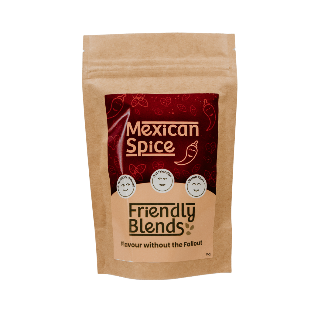 A brown, resealable pouch labelled Mexican Spice from Friendly Blends, featuring smiling faces and the tagline Flavour without the Fallout, with a 75g weight.