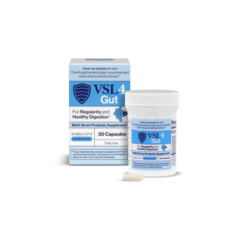 VSL4 Gut Capsules probiotic supplement box and bottle with a single capsule in front. The blue and white packaging is labelled for regularity and healthy digestion, containing 30 capsules.