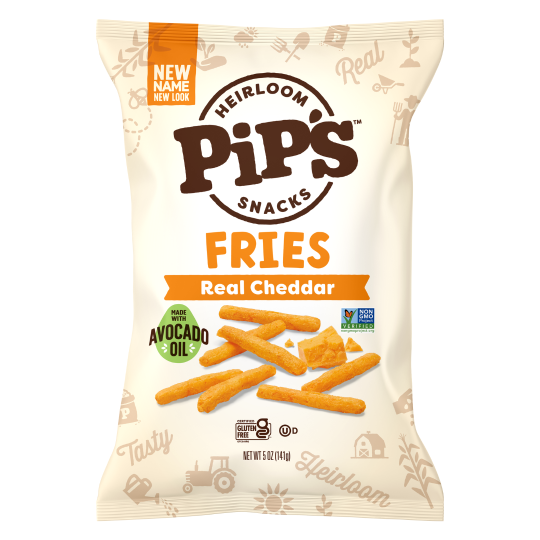 A bag of Pips Snacks Heirloom Fries in Real Cheddar flavour. The cream packaging with orange accents highlights avocado oil, gluten free, non-GMO certifications—perfect for fans of Heirloom Snacks like Mini Popcorn or Sea Salt Popcorn.