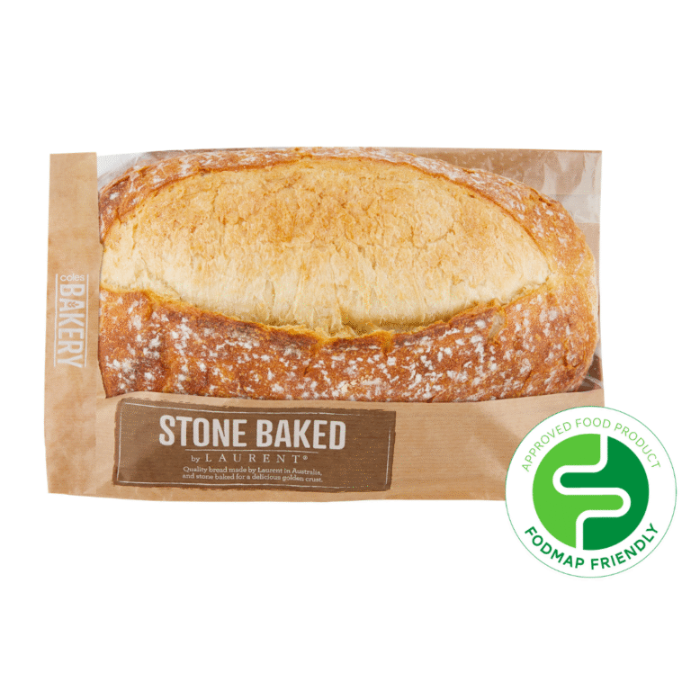 A loaf of stone-baked bread in a brown paper package labelled Stone Baked by Laurent, with a green FODMAP Friendly approved food product logo in the lower right corner, sits beside Salt & Vinegar Crinkle Cut Potato Crisps.