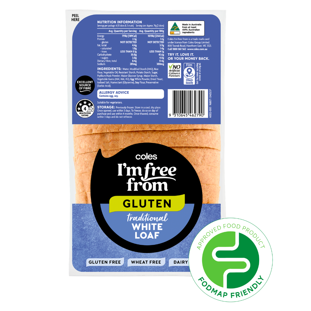 A pack of Coles I'm Free From gluten-free traditional white loaf bread, labelled gluten free, wheat free, and dairy free. The packaging features a FODMAP Friendly badge—perfect alongside crinkle cut Salt & Vinegar crisps.