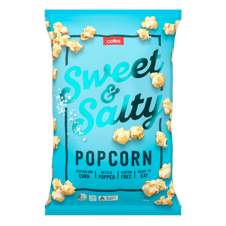A blue bag of Coles Sweet & Salty Popcorn, featuring popcorn images and text highlighting it’s made from Australian corn, kettle popped, gluten free, and ready to eat—an irresistible snack alternative to Salt & Vinegar Crisps.