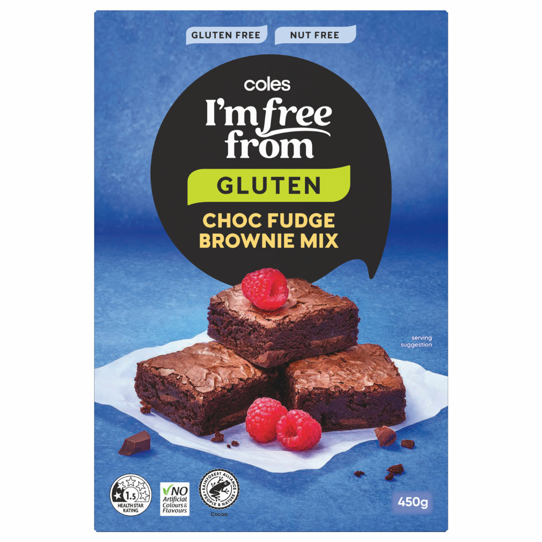 Box of Coles I’m Free From Gluten Choc Fudge Brownie Mix with three brownies and raspberries on white paper, blue background, and product labels for gluten free, nut free, 450g net weight—perfect alongside Crinkle Cut Salt & Vinegar Crisps.