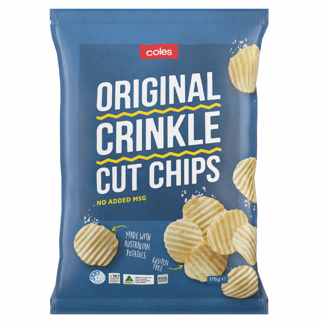 A blue bag of Coles Original Crinkle Cut Potato Crisps featuring an image of crinkle-cut crisps, with text stating No added MSG, Made with Australian potatoes, Gluten free, and classic Salt & Vinegar flavour.