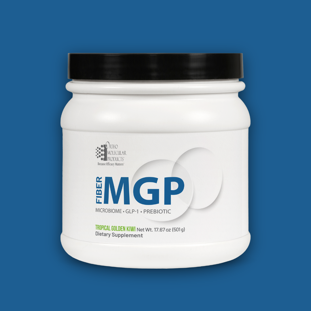 A white container of MGP Fibre dietary supplement by Ortho Molecular Products with a black lid, blue and grey text, labelled Microbiome • GLP-1 • Prebiotic • Tropical Golden Kiwi, and Certified FODMAP Friendly, set against a blue background.
