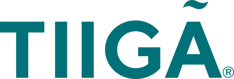 The word TIIGA is written in bold, teal letters on a white background. A wavy accent mark appears above the letter A, and a registered trade mark symbol is next to the A.