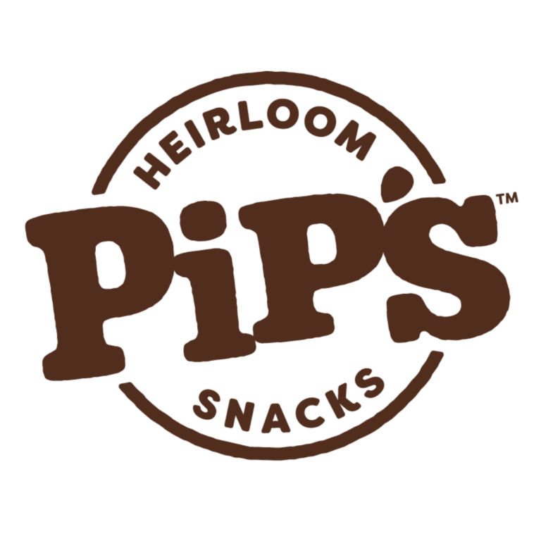 Brown logo with the words HEIRLOOM SNACKS in a circle, and PiPS in large bold letters across the centre, all on a white background.
