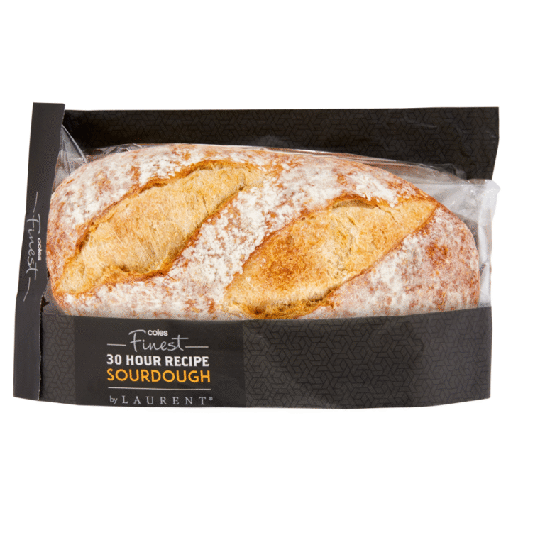 A loaf of Coles Finest 30 Hour Recipe White Sourdough bread by Laurent, packaged in a clear plastic bag with a black and gold labelled wrapper.