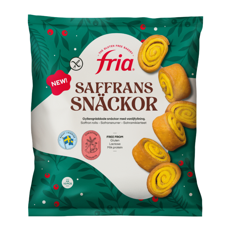A green and white bag of Fria Saffranssnäckor saffron buns. The packaging shows yellow saffron rolls and highlights that the product is gluten-, lactose-, and milk protein-free, perfect for those seeking delicious gluten-free options.