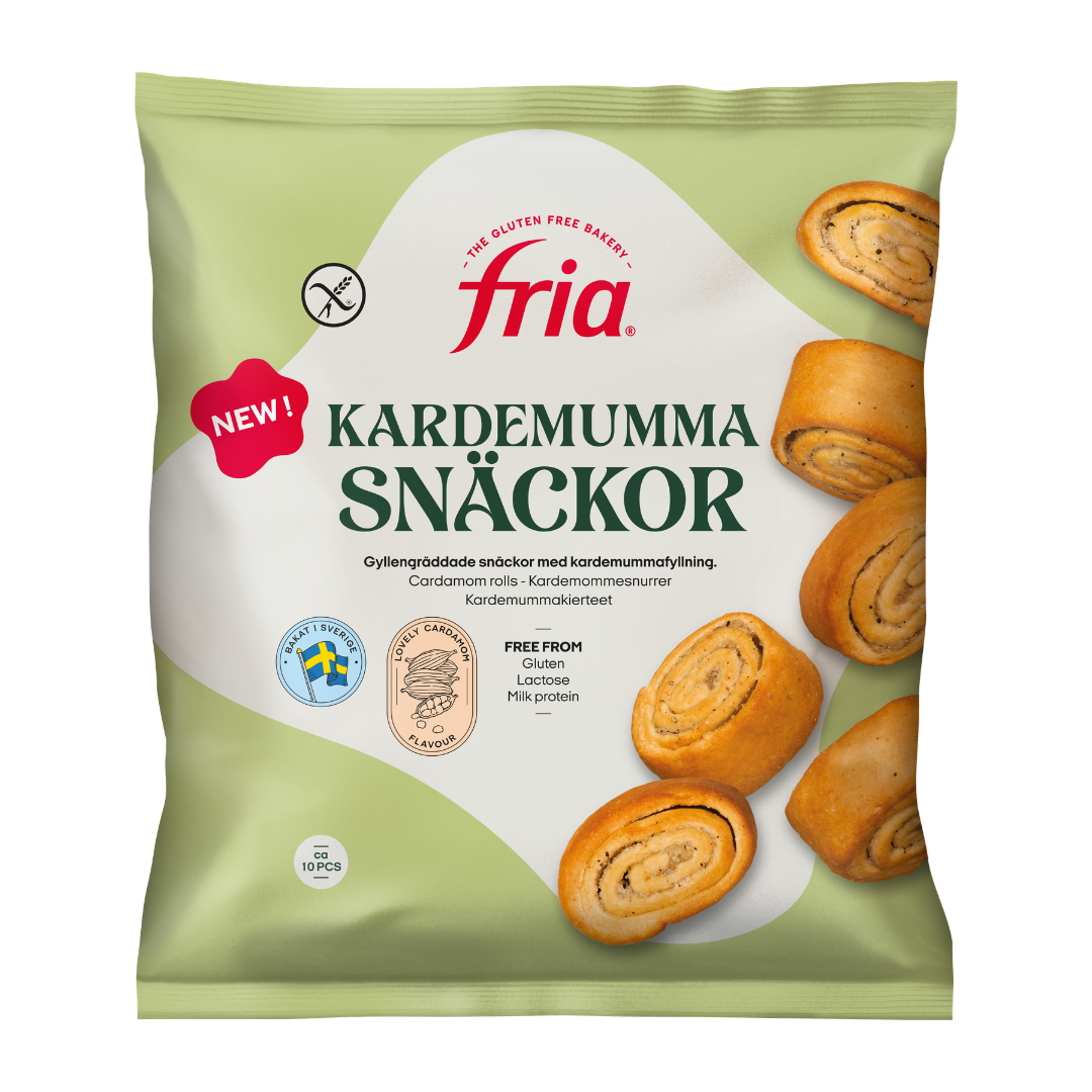 A pack of Fria Kardemumma Snäckor, featuring images of cardamom rolls on a green and white background, labelled Gluten-Free and free from lactose and milk protein. Try with Fria Lemon Muffins for a delightful treat. The pack contains 10 pieces.