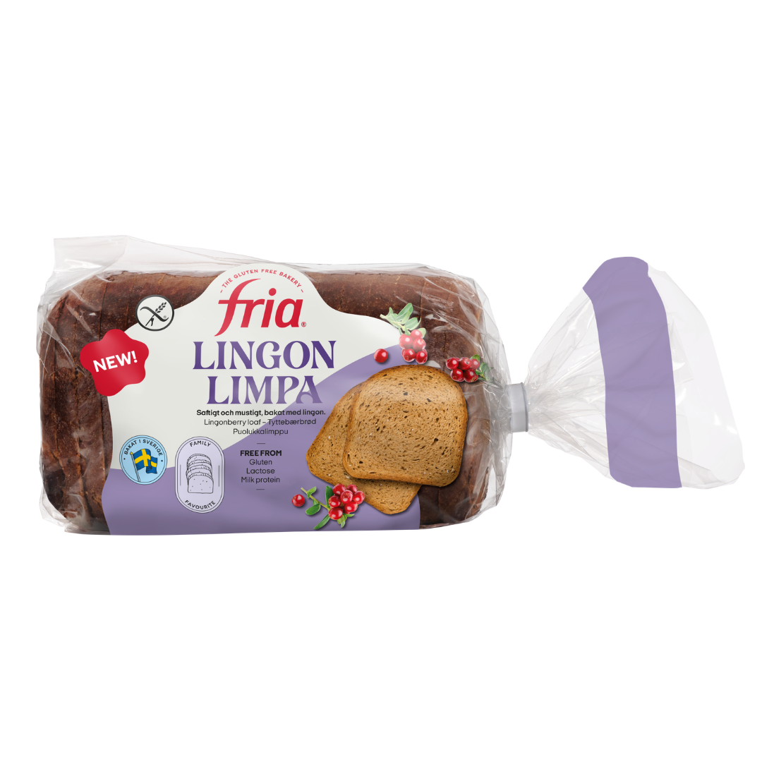 A loaf of Fria Lingonlimpa gluten-free loaf in clear packaging with a purple label, featuring images of sliced bread and lingonberries, and text highlighting that it is gluten-free.