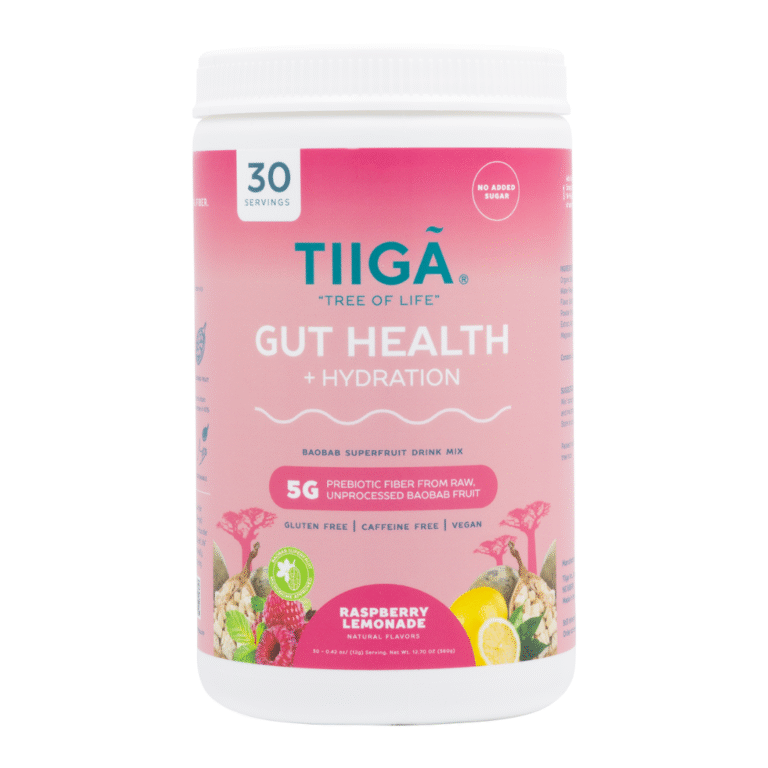 A container of TIIGA Gut Health + Hydration baobab superfruit drink mix in refreshing Raspberry Lemonade flavour, featuring 30 servings, no added sugar, gluten free, caffeine free, and vegan. The label displays vibrant fruits and flowers.