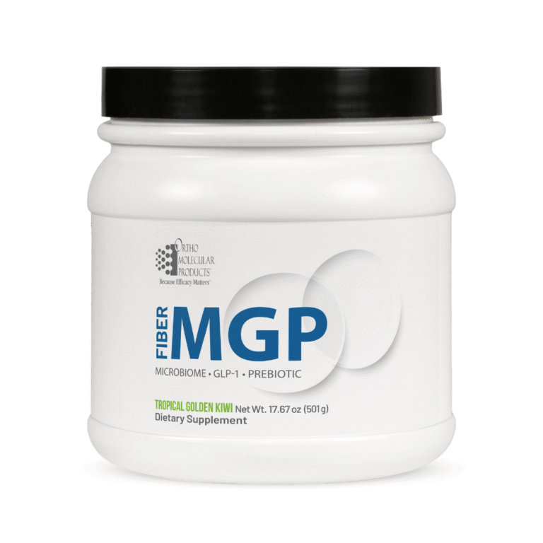 A white plastic container labelled Fibre MGP Microbiome GLP-1 Prebiotic with Tropical Golden Kiwi, 17.67 oz (501g), and Food Supplement on the front. This fibre supplement is made by Ortho Molecular Products.