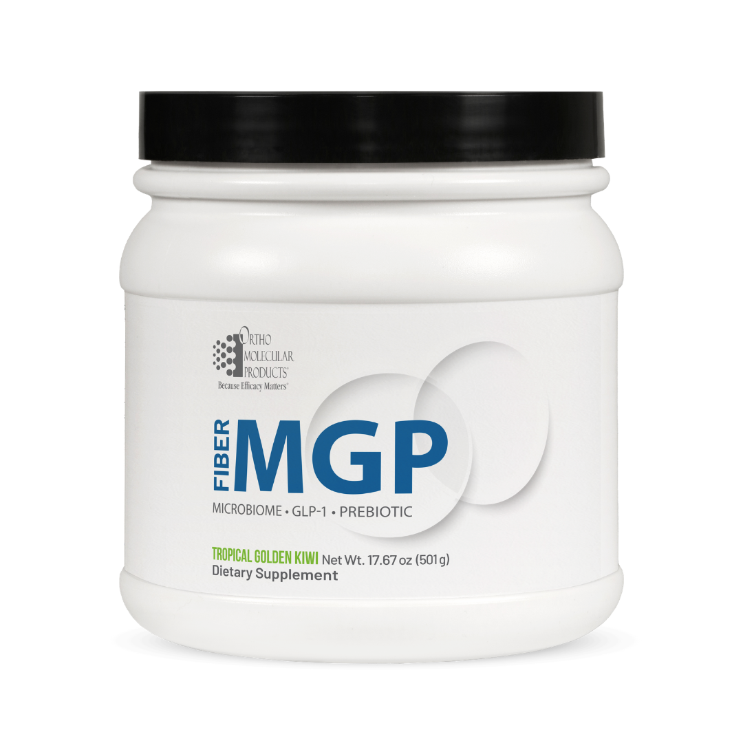 A white plastic container labelled Fibre MGP Microbiome GLP-1 Prebiotic with Tropical Golden Kiwi, 17.67 oz (501g), and Food Supplement on the front. This fibre supplement is made by Ortho Molecular Products.