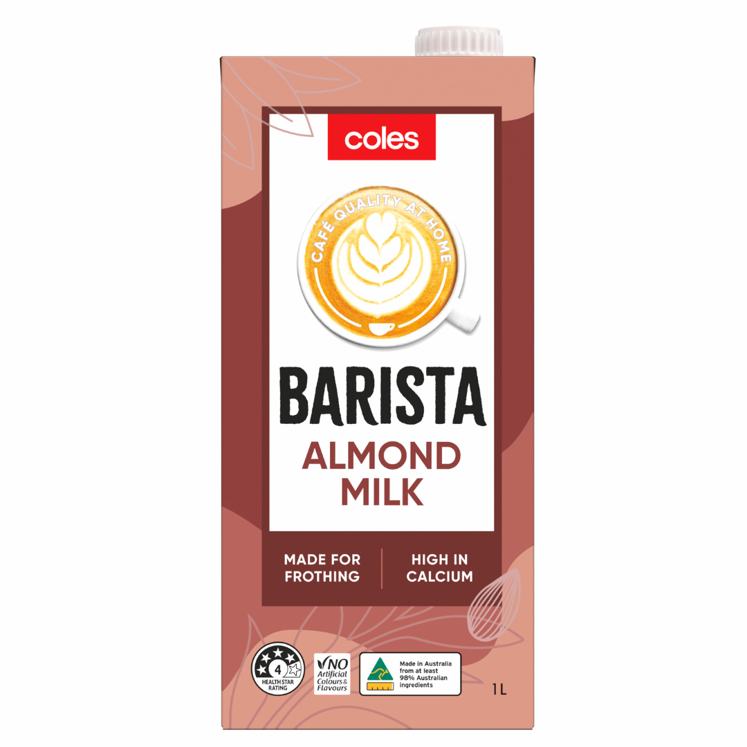 A 1-litre carton of Coles Barista Almond Milk, Dairy Free and High in Calcium, labelled Made for Frothing, with a coffee cup latte art graphic and vegan certification symbols on the front.