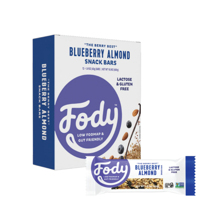 A box and wrapped bar of Fody Blueberry Almond Snack Bars, labelled as low FODMAP, gut friendly, lactose and gluten free, with delicious blueberry and almond images featured on the packaging.