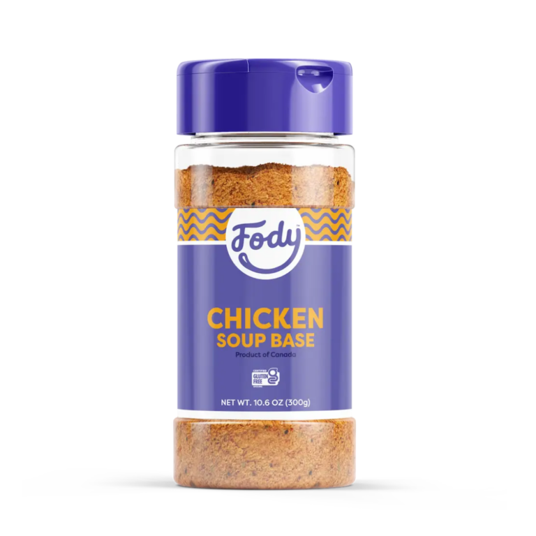 A clear plastic jar of Fody brand Chicken Soup Base with a purple lid and label, showing the rich soup concentrate inside. The label features yellow and white text and design accents for a vibrant look.