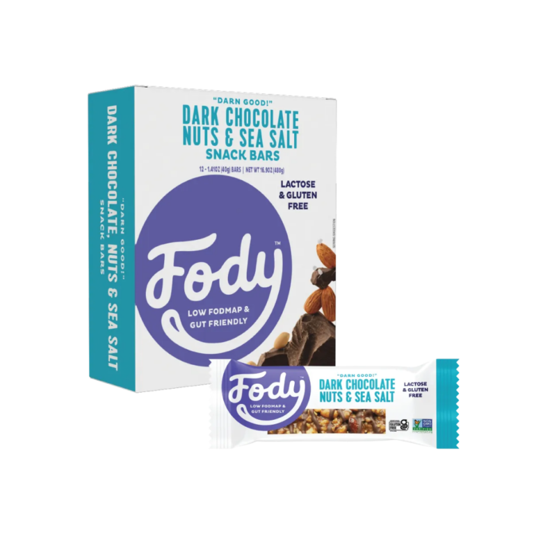 A box of Fody Dark Chocolate Nuts & Sea Salt Snack Bars is shown with one unwrapped bar in front. The packaging highlights the delicious blend of nuts and dark chocolate, plus they're lactose and gluten free, low FODMAP, and gut friendly.
