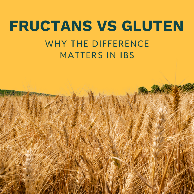 A field of golden wheat under a clear sky with the text: Fructans vs Gluten—discover why understanding the difference matters for those managing IBS.